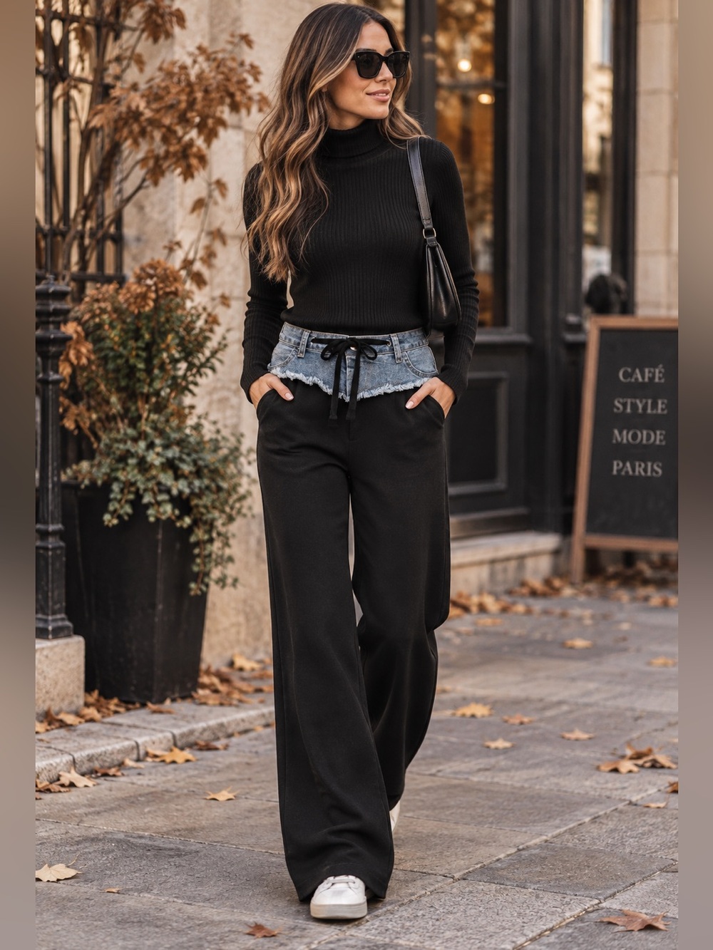 ShopEvelynne Black Wide-Leg Pants with Denim Trim